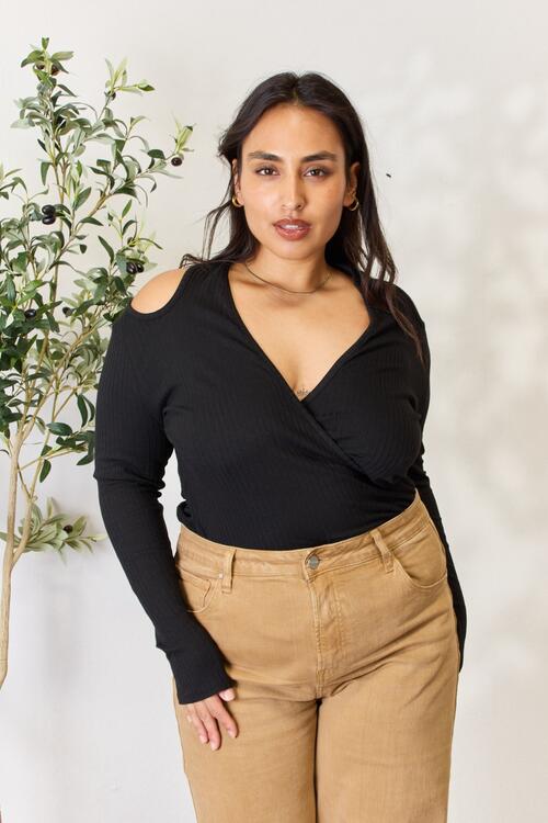 Culture Code Full Size Ribbed Surplice Cold Shoulder Top *
