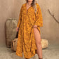 Plus Size Printed Slit Long Sleeve Dress