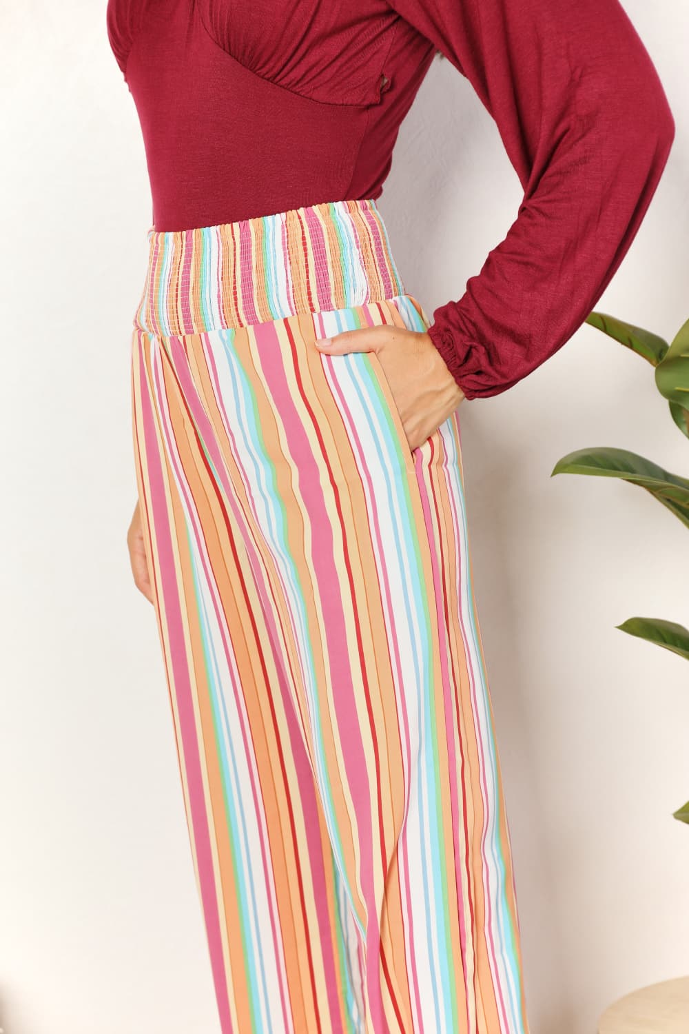 Double Take Striped Smocked Waist Pants with Pockets *