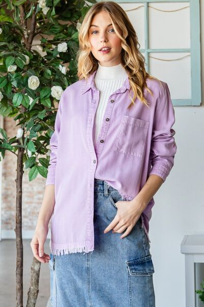 Veveret Raw Hem Button Up Long Sleeve Shirt *