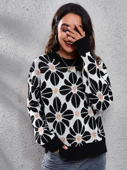 CozyWonders Floral Round Neck Black Long Sleeve Sweater