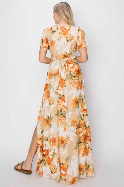 HYFVE Floral Tie Back Short Sleeve Slit Maxi Dress *