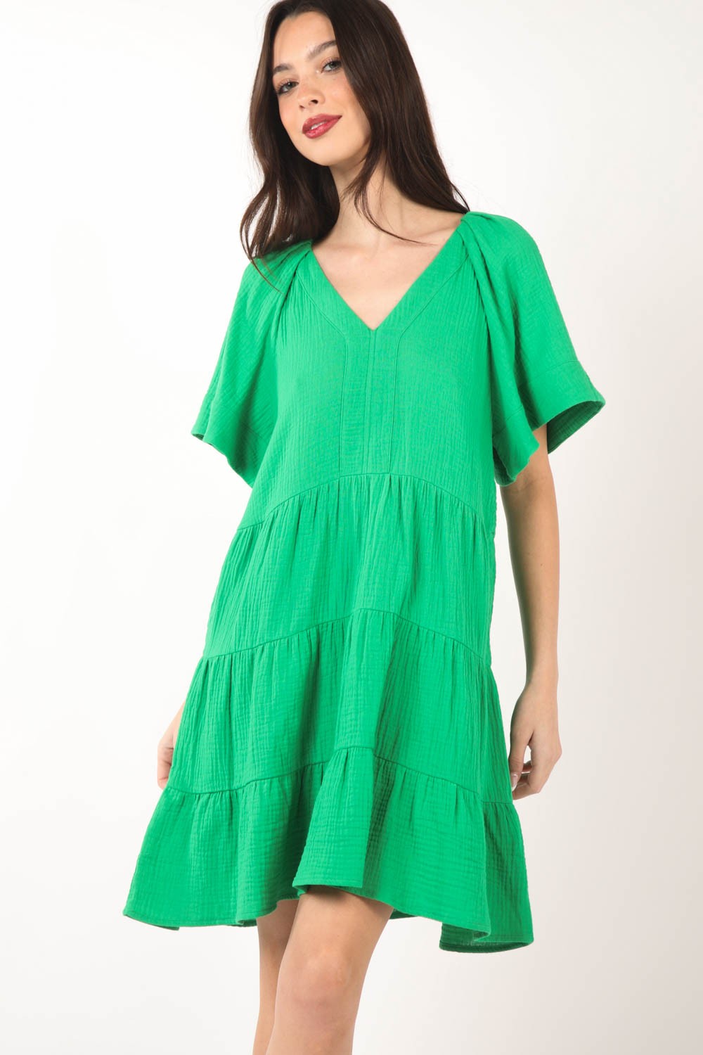 VERY J Texture V-Neck Ruffled Tiered Dress *