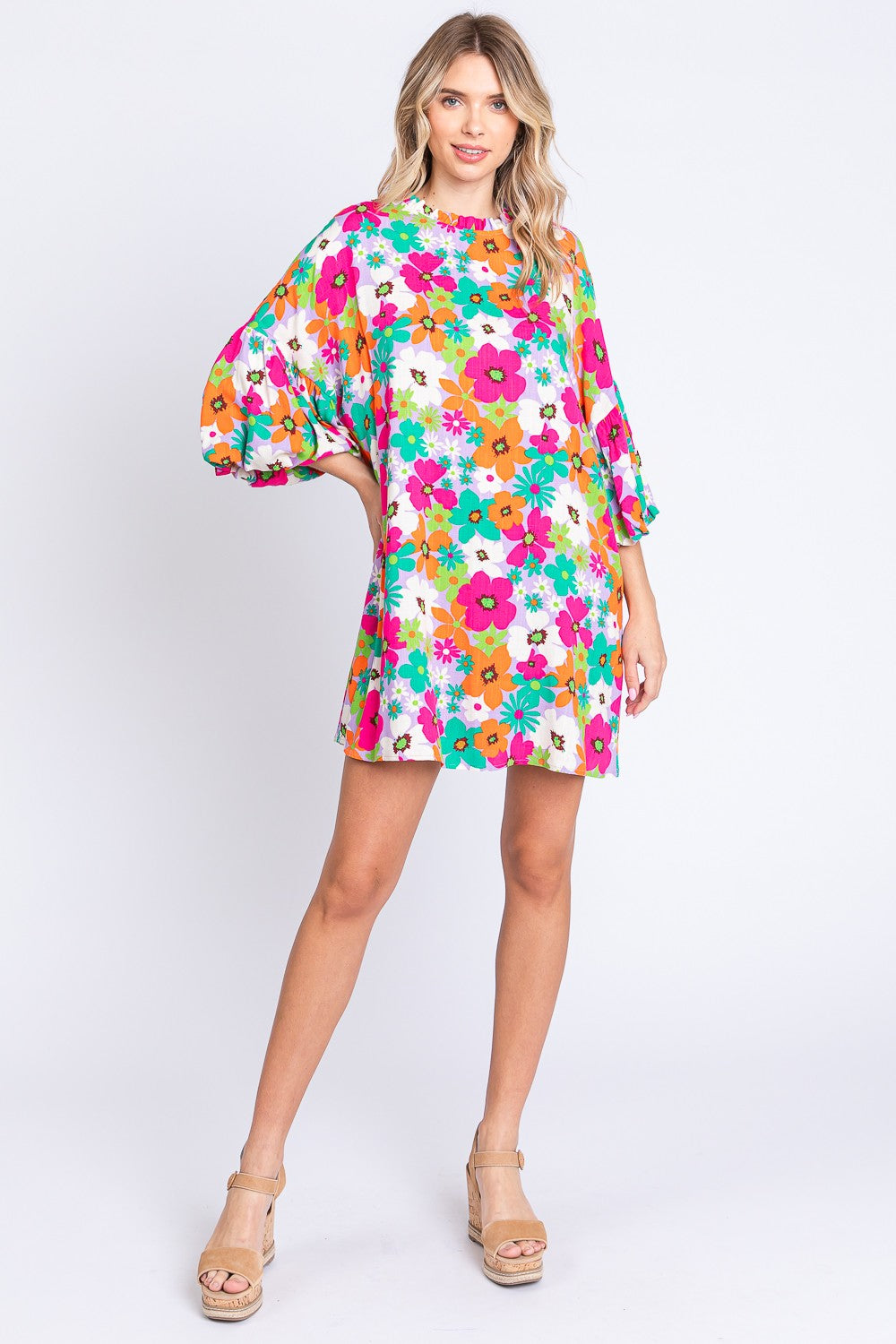 GeeGee Full Size Floral Round Neck Lantern Sleeve Mini Dress *