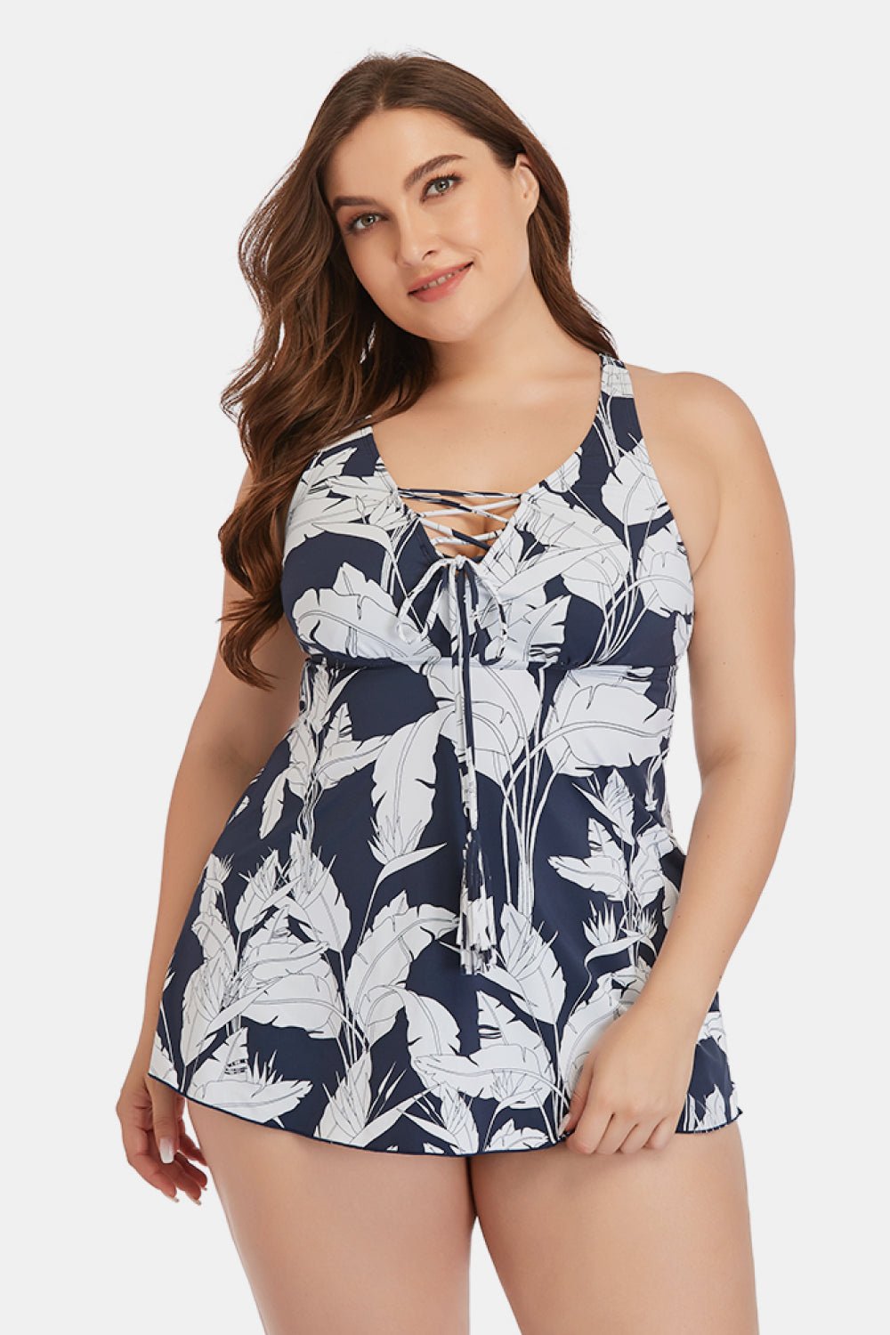 Plus Size Botanical Print Lace-Up Two-Piece Swim Set