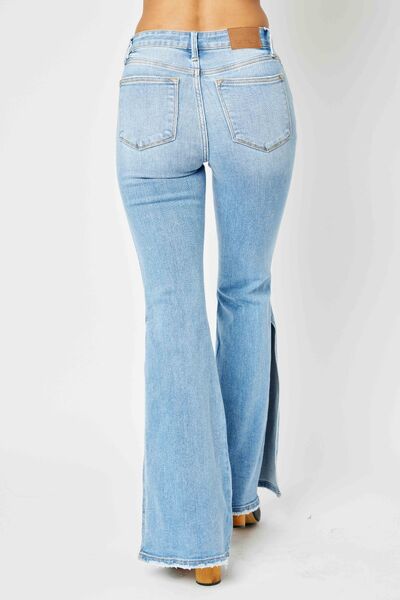 Judy Blue Full Size Mid Rise Raw Hem Slit Flare Jeans *