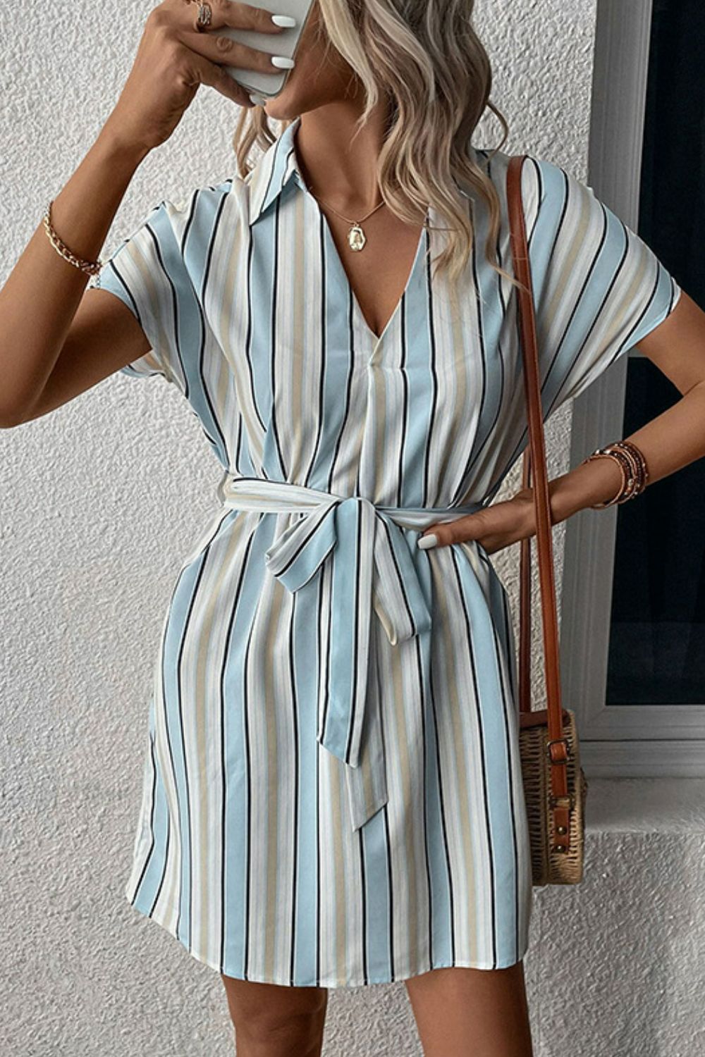 Women's Striped Johnny Collar Tie-Waist Dress