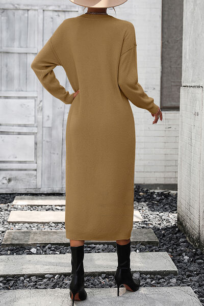 Decorative Button Notched Dropped Shoulder Sweater Dress