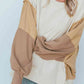Color Block Exposed Seam Lantern Sleeve Khaki Sweatshirt