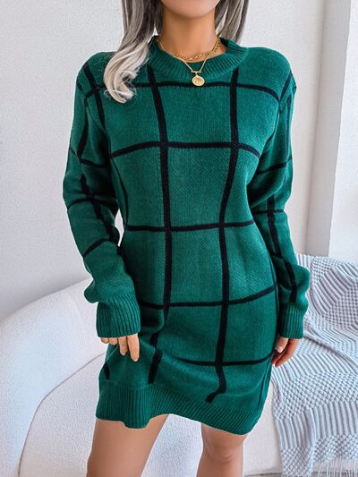 Women's Clarisia Plaid Round Neck Dropped Shoulder Sweater Dress