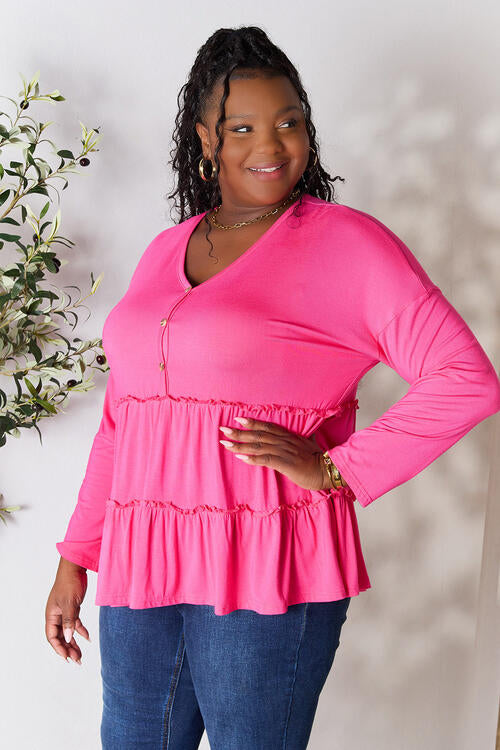 Double Take Half Button Long Sleeve Ruffle Hem Blouse *
