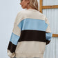 Color Block Button Up Lantern Sleeve Cardigan