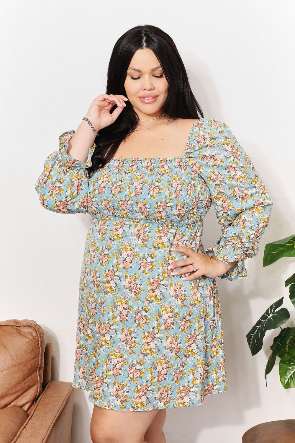 Double Take Floral Smocked Flounce Sleeve Square Neck Dress *