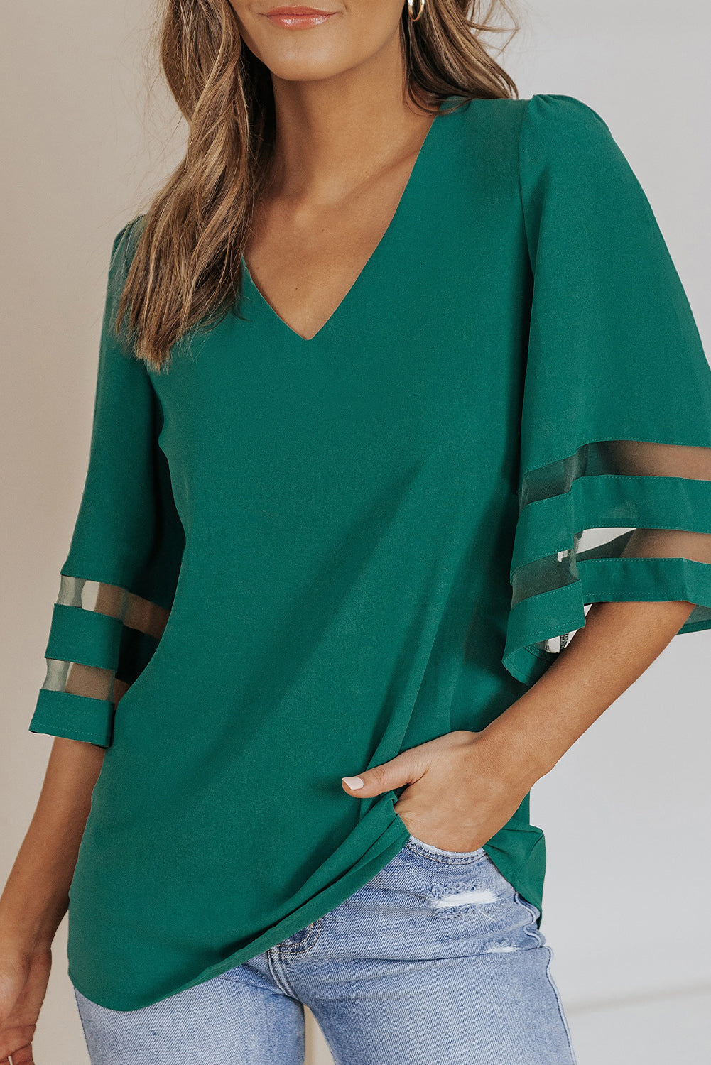 Women's Full Size Sheer Striped Flare Sleeve V-Neck Blouse