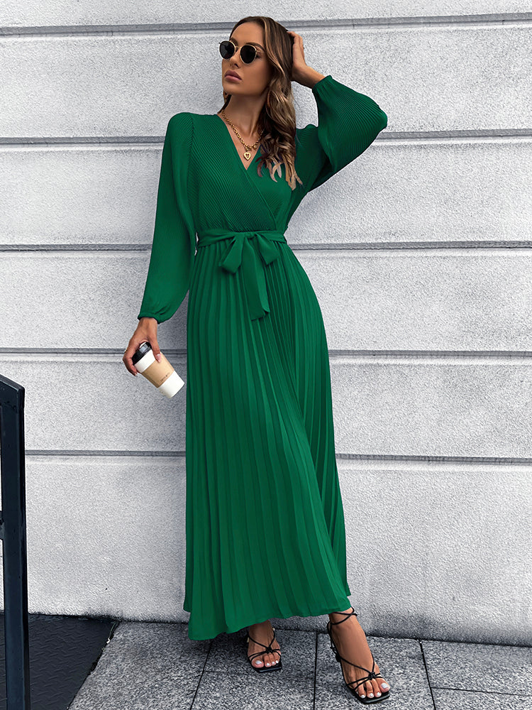 Full Size V-Neck Tie Waist Pleated Maxi Dress