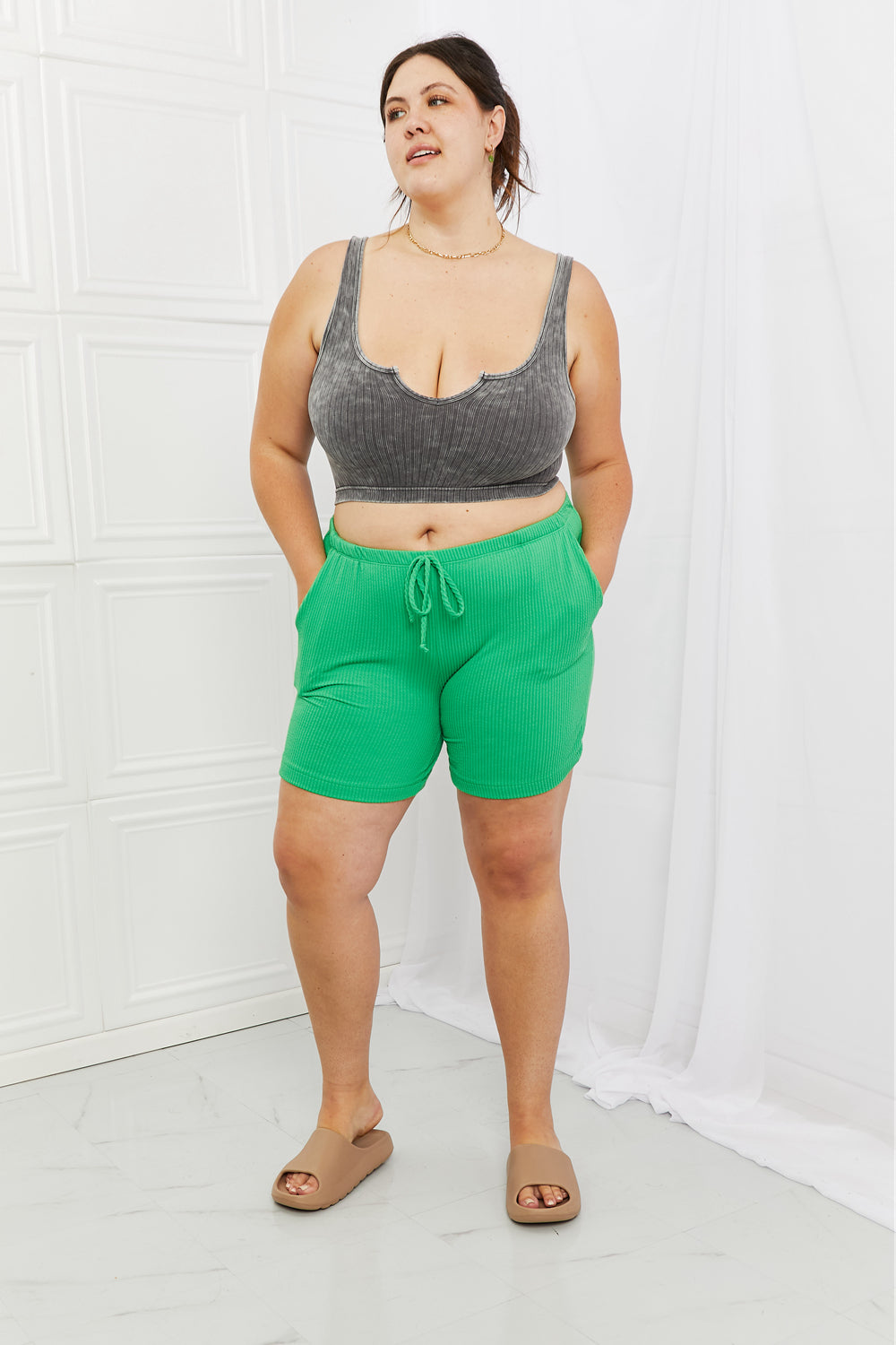 Blumin Apparel Too Good Full Size Ribbed Shorts in Green *