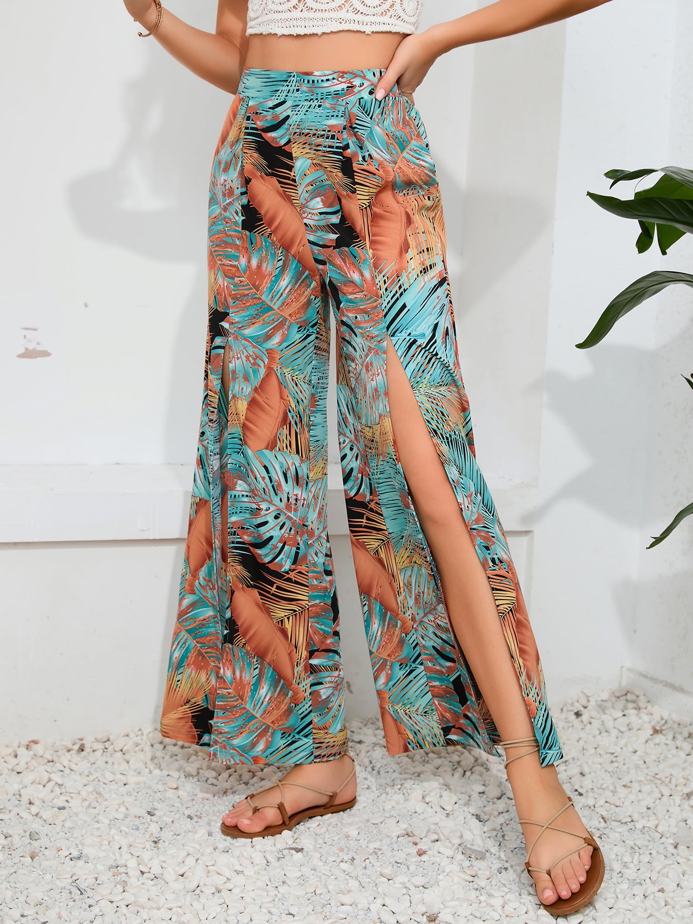 Full Size Printed Split Wide Leg Long Pants