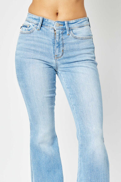 Judy Blue Full Size Mid Rise Raw Hem Slit Flare Jeans *