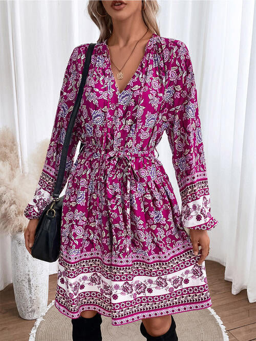 OhSoMidi Lilac Purple Floral Tie Neck Balloon Sleeve Dress