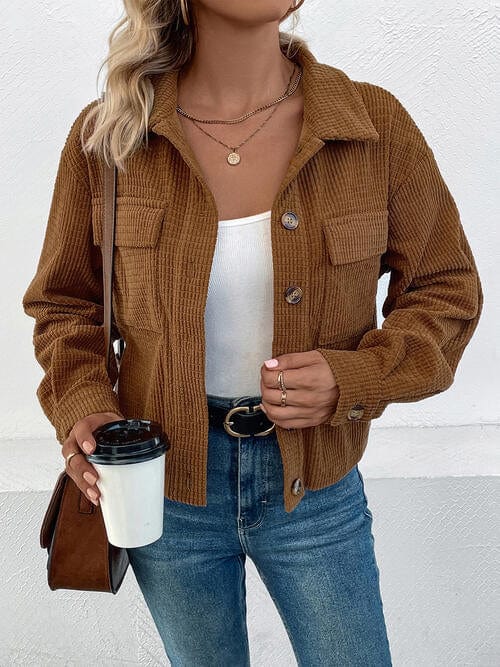 Love Cozy Stuff Collared Neck Button Front Camel Brown Jacket with Pockets