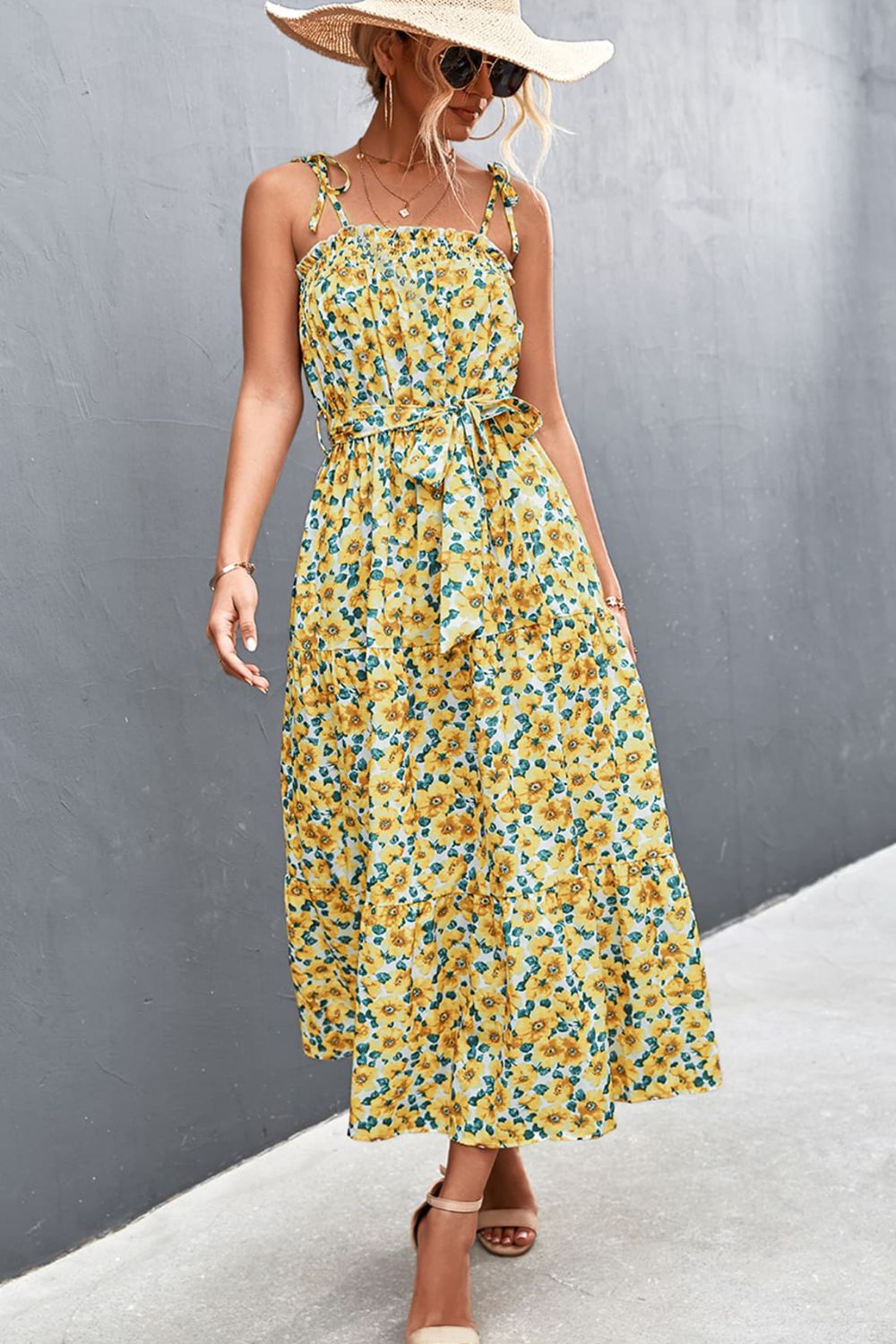 Women's Floral Tie-Shoulder Belted Dress