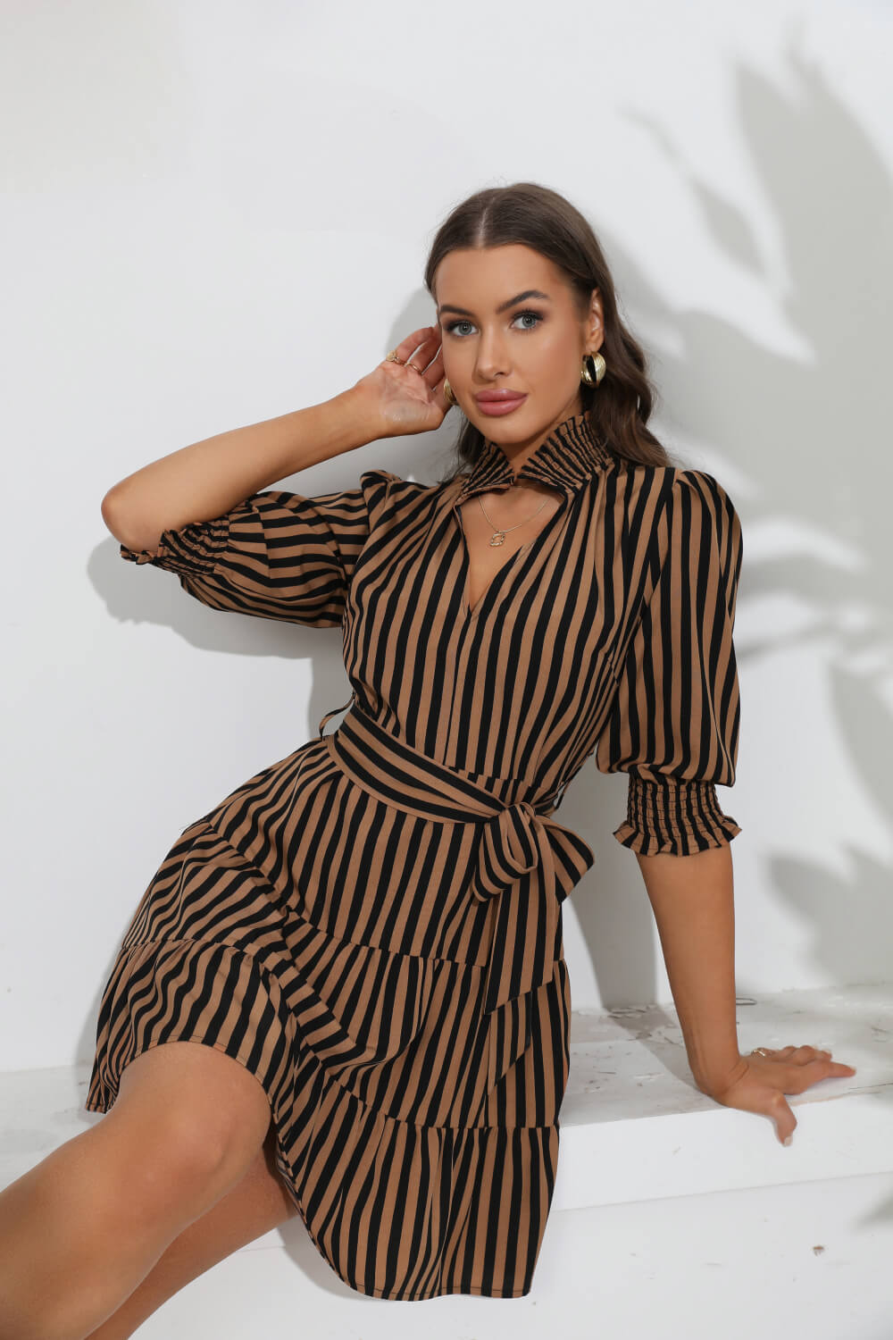 Stand Out Striped Tie Belt Tiered Mini Dress