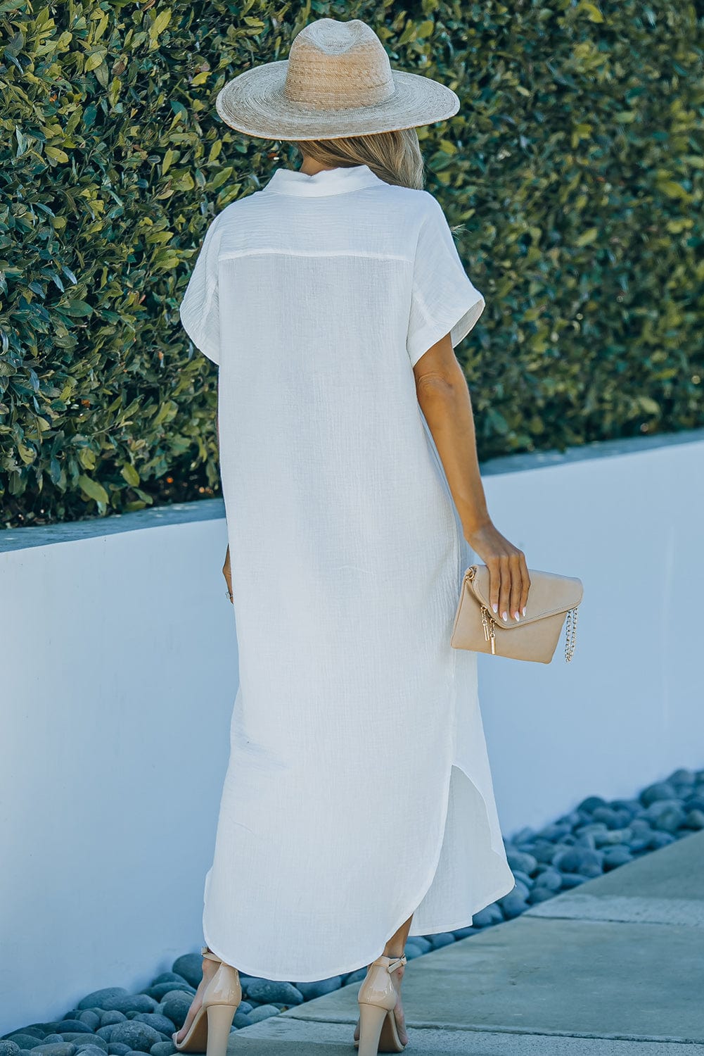 Full Size Textured Button Down Slit Shirt Dress