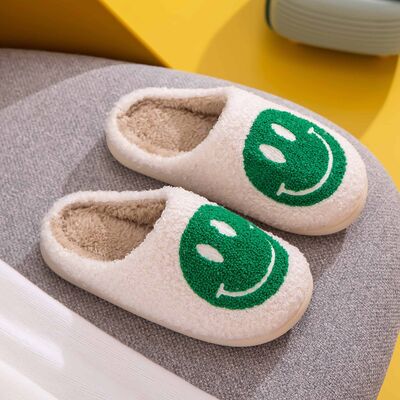 Melody Smiley Face White Green Slippers