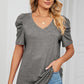 Heathered V-Neck Puff Sleeve T-Shirt