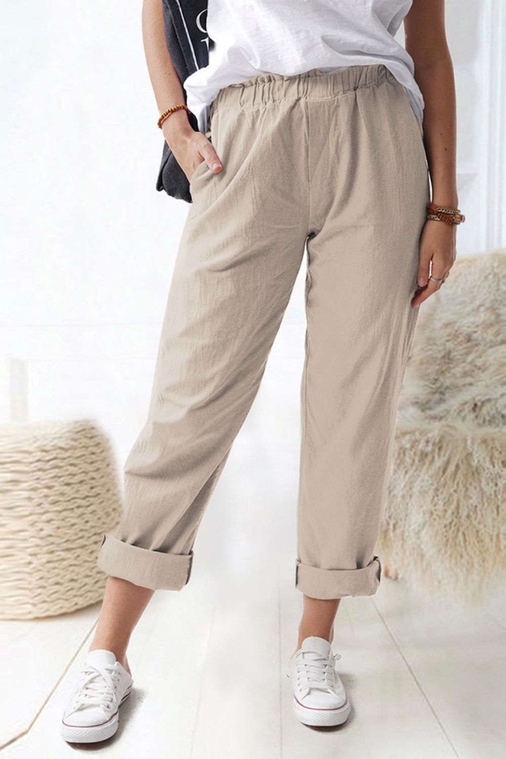 Women's Full Size Paperbag Waist Pull-On Pants with Pockets