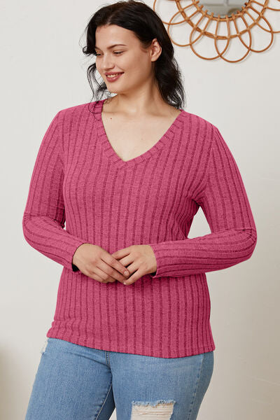 Basic Bae Full Size Ribbed V-Neck Long Sleeve T-Shirt *