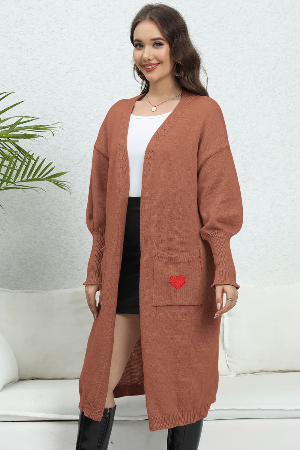 Lantern Sleeve Open Front Pocketed Cardigan