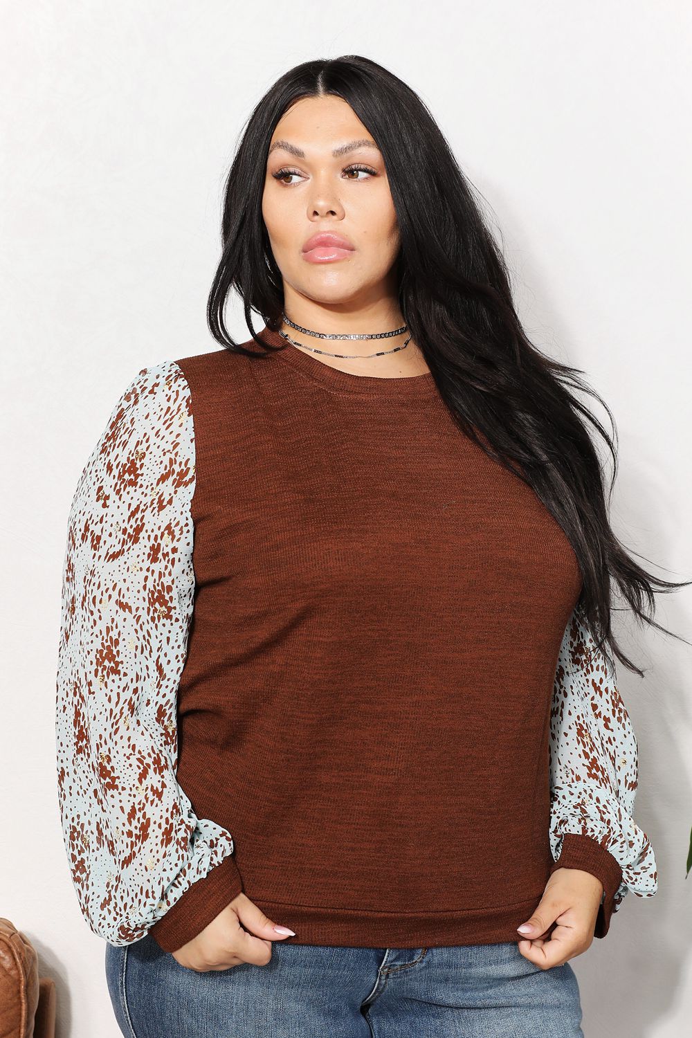 And The Why Chestnut Brown Full Size Foil Printed Sleeve Top *