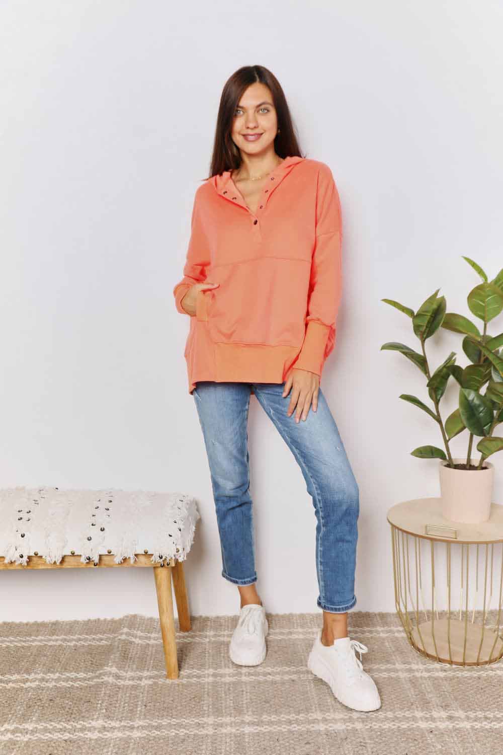 Double Take Quarter-Snap Dropped Shoulder Hoodie *