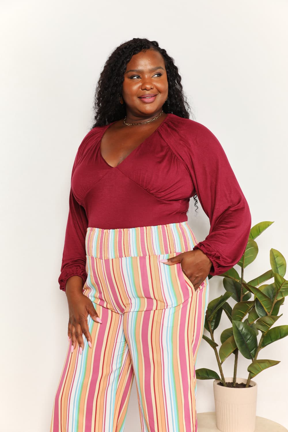 Culture Code Wine Full Size V-Neck Bodysuit *