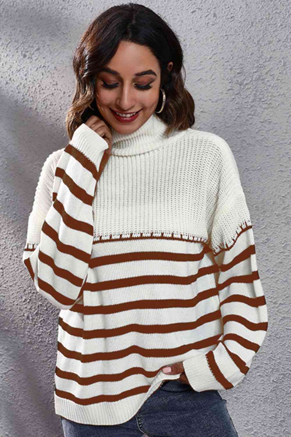 KnittedEmporium Striped Turtleneck Drop Shoulder Sweater