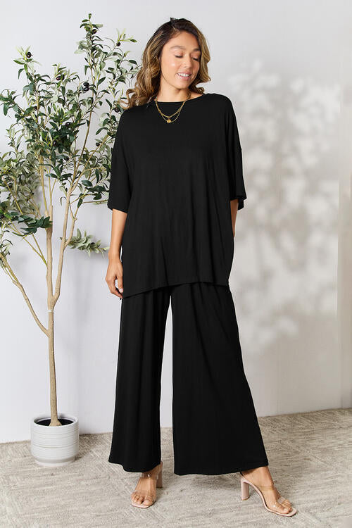 Double Take Full Size Round Neck Slit Top and Pants Set *