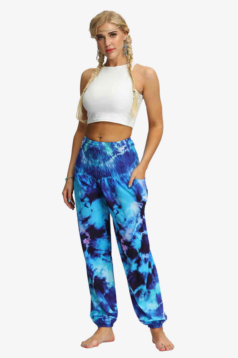 BasicBabe Tie-Dye Smocked Royal Blue Joggers