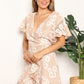 Double Take Sand Brown Floral Lace Pompom Detail Tie-Waist Flutter Sleeve Dress