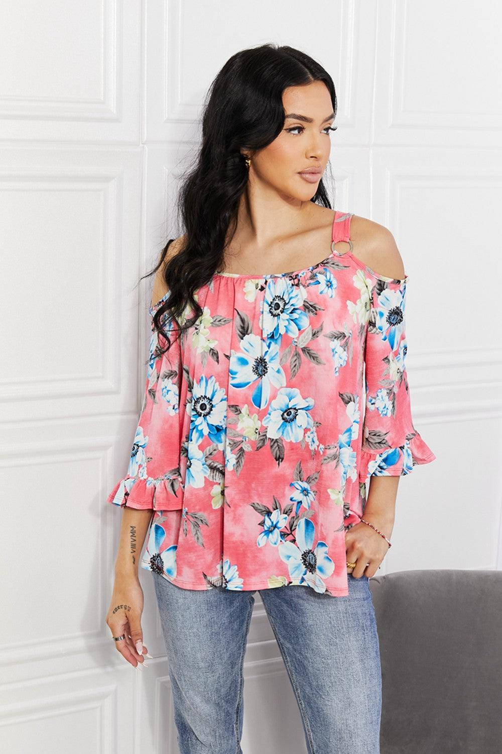 Women's Sew In Love Full Size Fresh Take Floral Short Sleeve Cold-Shoulder Top *
