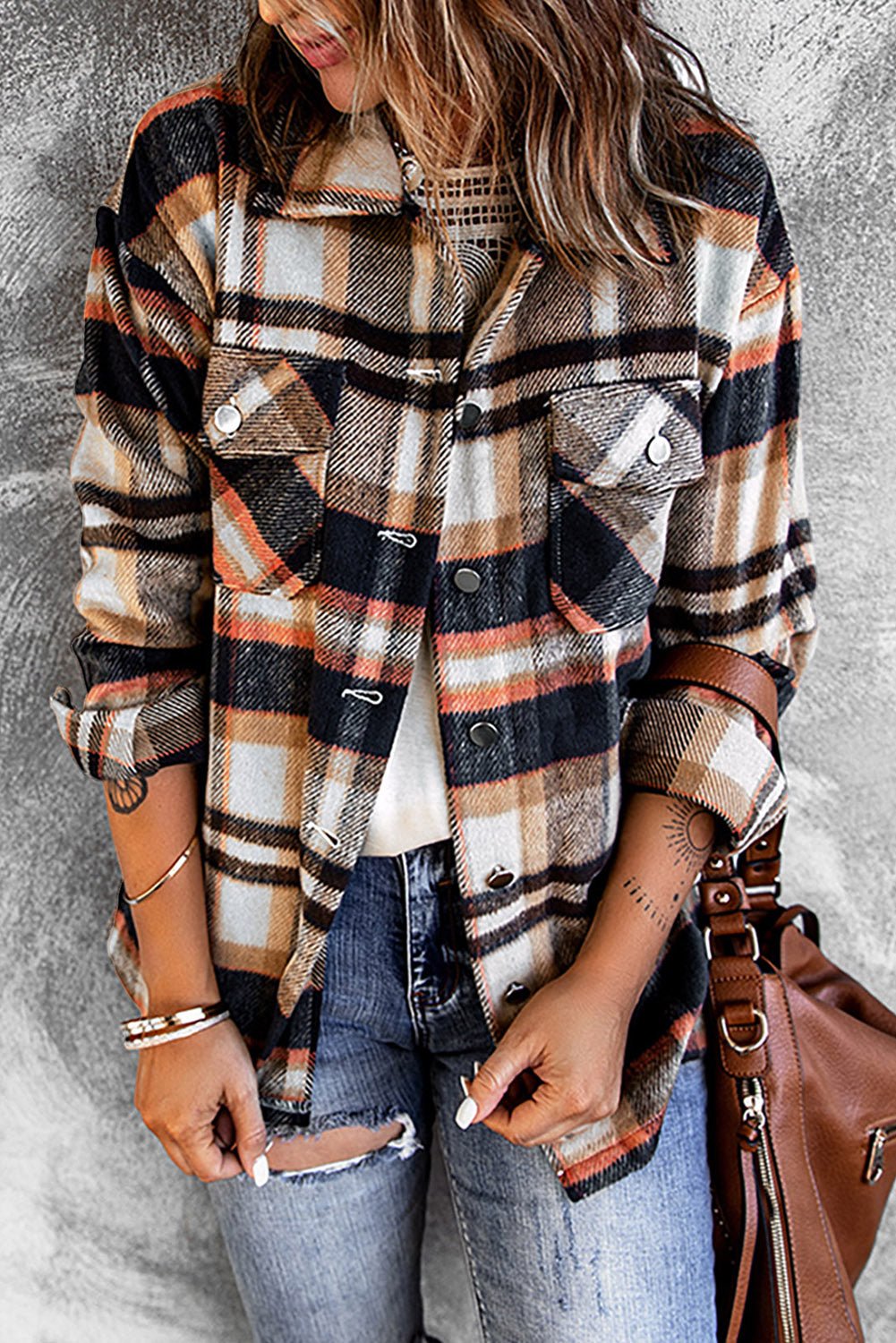 Plaid Button Front Shirt Jacket with Breast Pockets