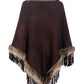 Country Rustic One Size Faux Fur Trim Fringed Poncho