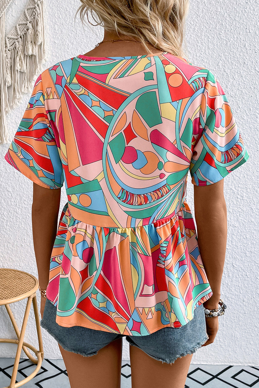 SO CHIC Printed Tie Neck Short Sleeve Blouse