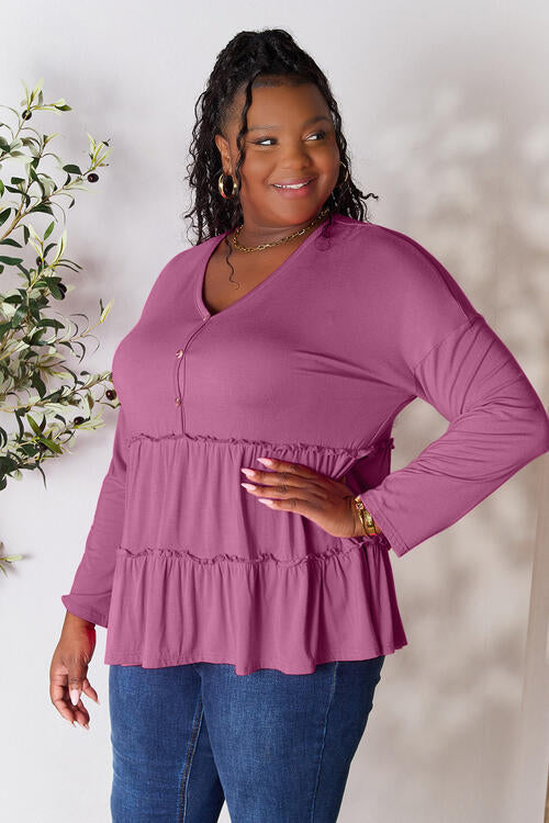 Double Take Half Button Long Sleeve Ruffle Hem Blouse *