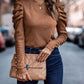 Full Size Decorative Button Puff Sleeve T-Shirt