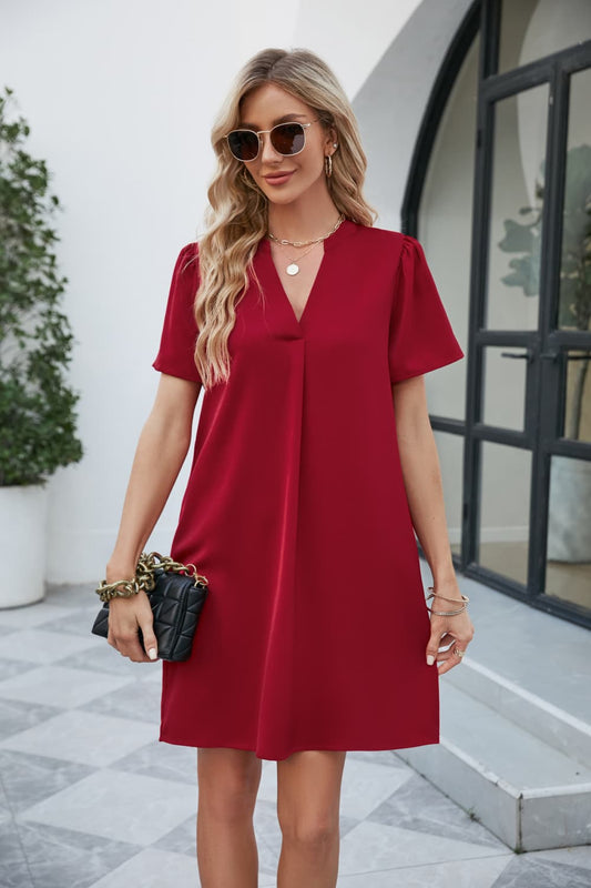 Full Size Notched Puff Sleeve Shift Dress