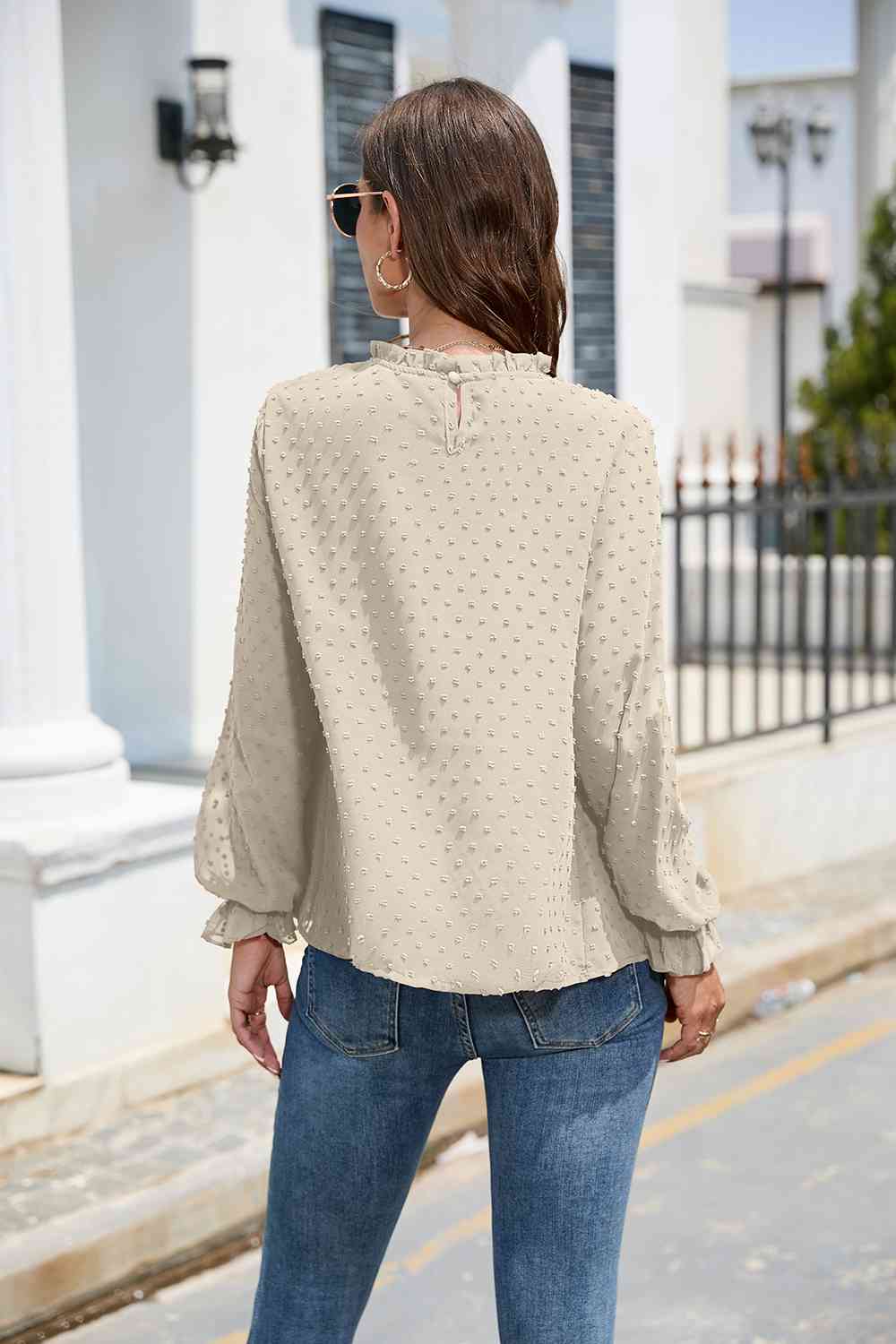 Smocked Mock Neck Swiss Dot Top