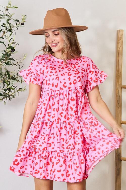 Double Take Short Flounce Sleeve Tiered Dress *