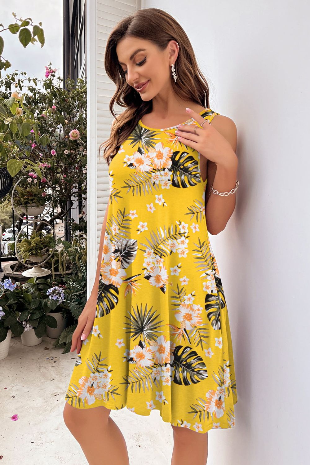 Full Size Printed Round Neck Sleeveless Dress