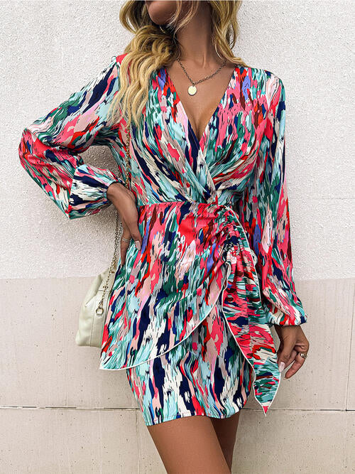 Printed Surplice Balloon Sleeve Mini Dress